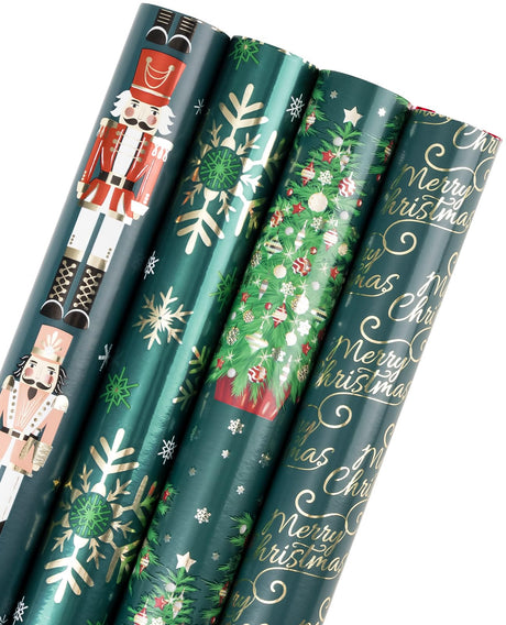 WRAPAHOLIC 30 Inch Nutcracker Christmas Wrapping Paper Roll - Jumbo Roll Green Christmas Tree, Snowflakes and Nutcracker with Metallic Foil Shine Design - 4 Rolls - 30 Inch x 120 Inch Per Roll WRAPAHOLIC