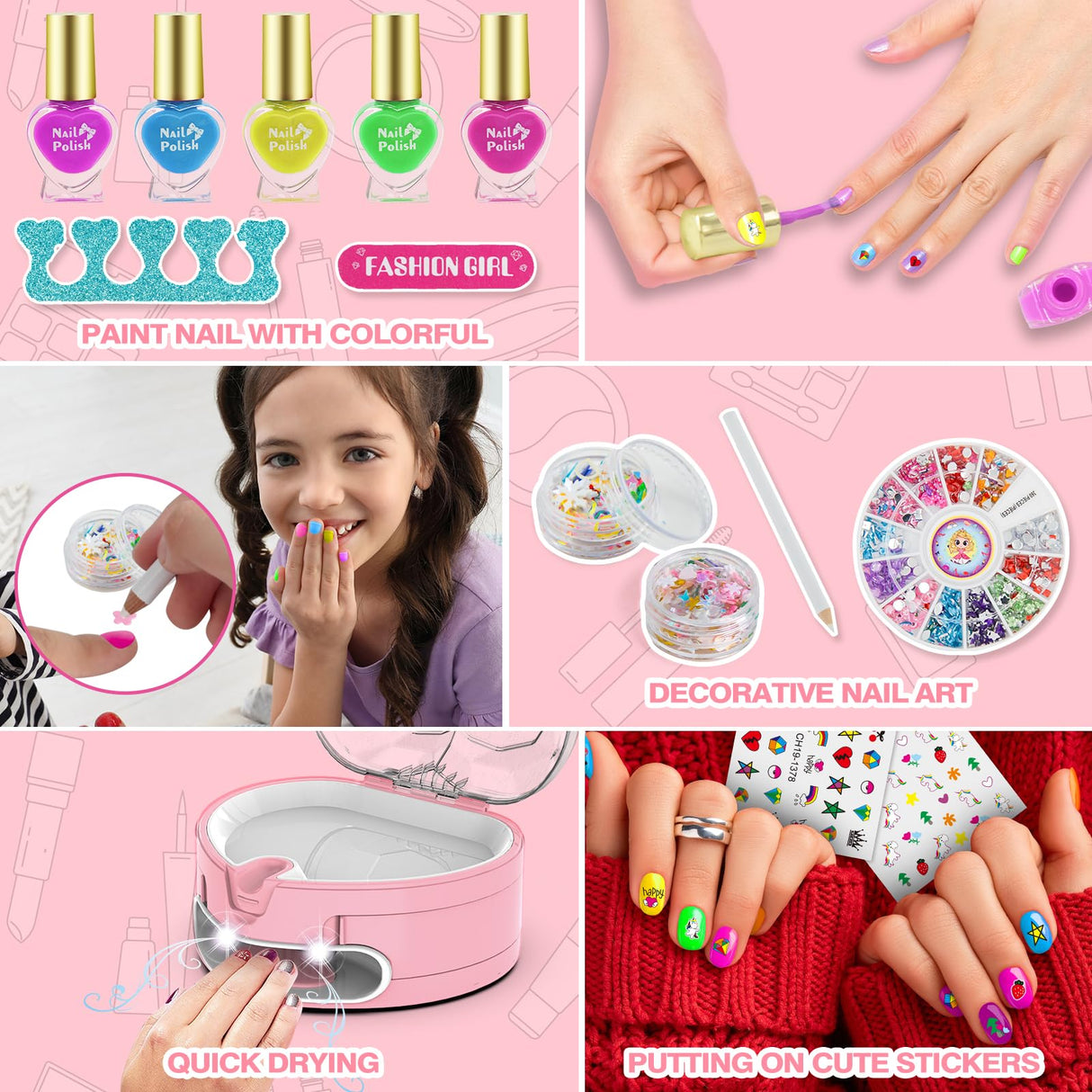 PUPPSITTY Kids Nail Polish Set for Girls,All-in-One Nail Art Kit for Kids with ‌Nail Dryer & DIY Decorations, Peelable Nail Polish/Stickers/Gems/Nail File&Tools, Gifts for Girls Age 7-12 PUPPSITTY