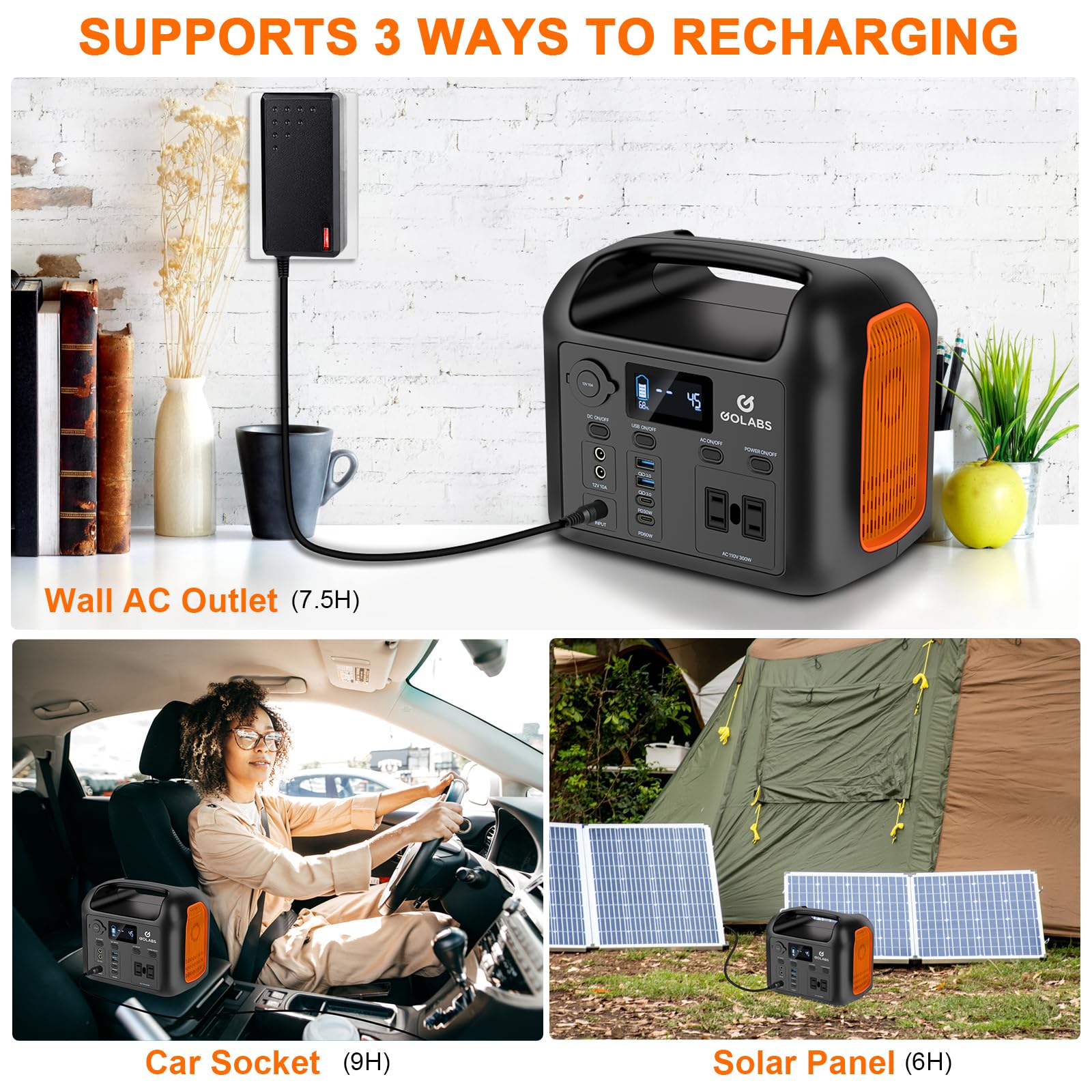 GOLABS Portable Power Station, 299Wh LiFePO4 Backup Battery 300W Pure Sine Wave AC (600W Peak) Car Outlets PD 60W QC3.0 Solar Generator Power Bank for Camping, Emergency, CPAP - WoodArtSupply