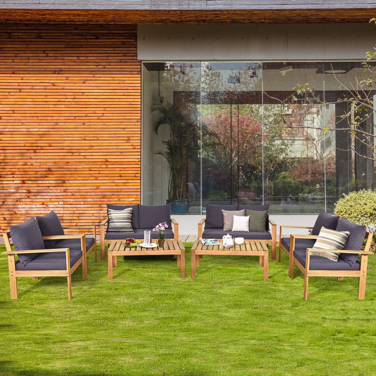 Tangkula Outdoor 8-Piece Acacia Wood Chat Set, 8 Seater Acacia Wood Conversation Sofa and Table Set with Waterproof Furniture Cover, Teak Finished (2, Grey) Tangkula