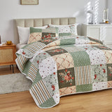 Patchwork Quilt Set Full/Queen Size, 3 Pieces Green Floral Plaid Summer Bedspread Coverlet Set, Soft Microfiber Reversible Lightweight Bed Cover for All Season (90" x 90", 1 Quilt+ 2 Pillow Shams) Flysheep