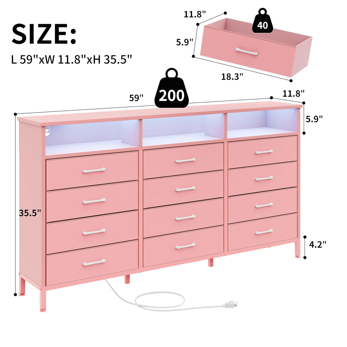 Dresser for Bedroom Bedroom Pink Dresser with LED Lights and Charging Station, 12 Long Fabric Drawers Dressers, Tall Wide Chest of Drawers Storage Organizer TV Stand for up to 65" TV for Living Room SOOWERY