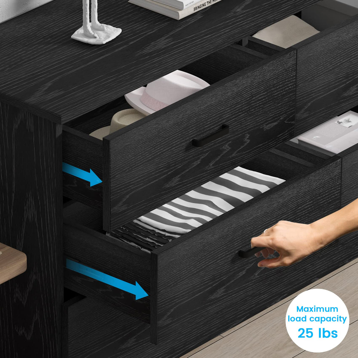 Bigbiglife Wood Dresser for Bedroom, 6 Drawer Double Dresser, Modern Chest of Drawers with Deep Drawers, Large Storage Organizer for Living Room, Closet,15.8" D x 47.2" W x 27.7" H (Black) Bigbiglife