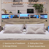 Hasuit Rustic Brown King Size Farmhouse Bed Frame with Bookcase Headboard, LED Lights, and Built-in Charging Station Hasuit