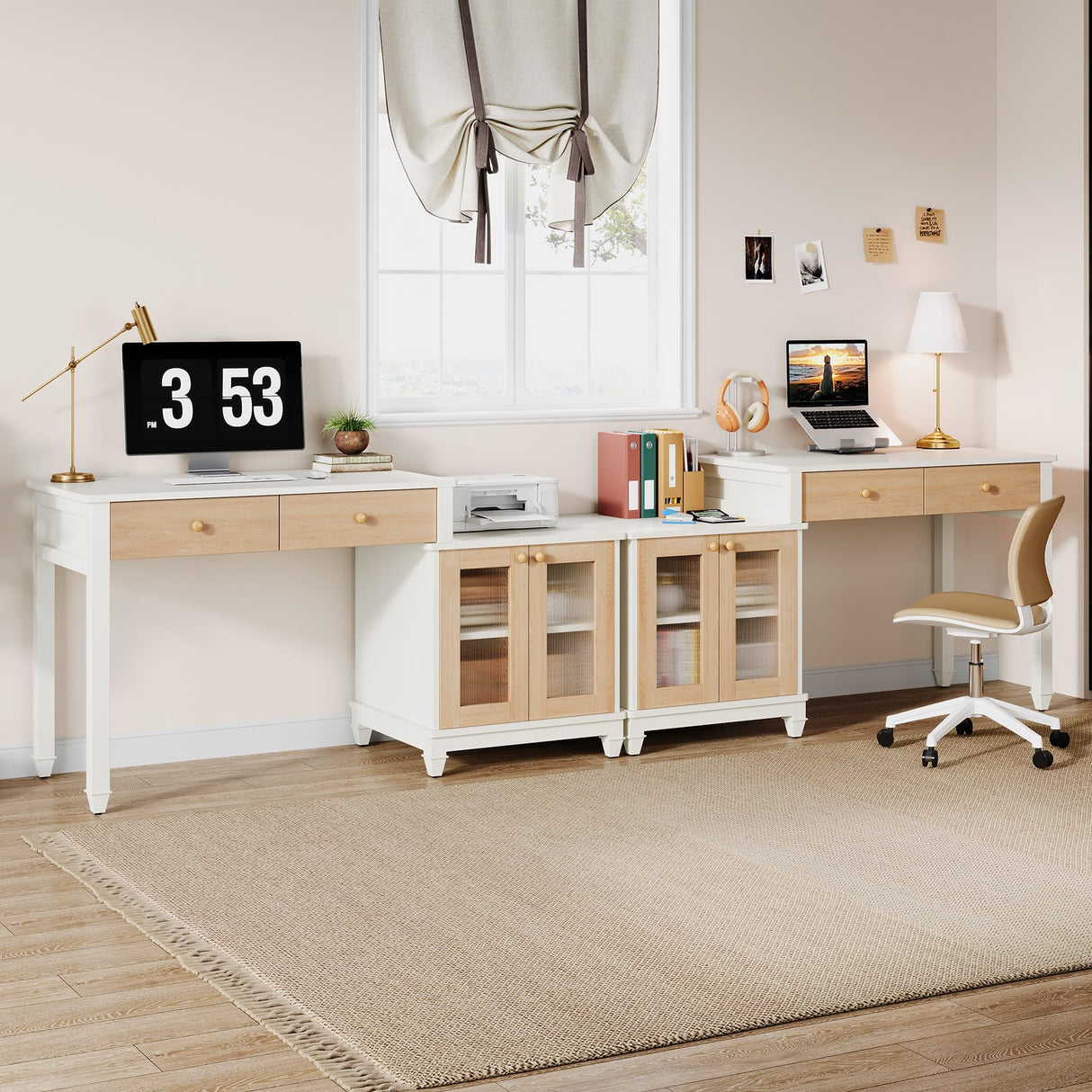 Tribesigns Office Desk with Storage, Reversible Computer Desk with Drawers and Printer Space, Modern Study Writing Table Workstation for Home Office, Bedroom (White + Light Walnut) Tribesigns