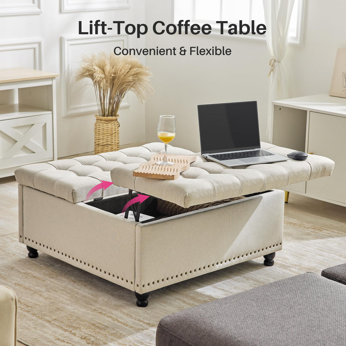 Redlife 35 Inch Large Square Storage Ottoman Bench, Storage Ottoman Coffee Table Large Square Ottoman with Storage Lift Top Tufted Storage Ottoman for Living Room (Beige) Redlifeᅟᅠ