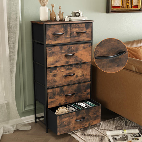 VredHom Fabric Dresser for Bedroom, Tall Skinny Dresser with 6 Drawers, Storage Organizer Tower, Steel Frame Wooden Top for Closet, Living Room, Hallway(Rustic Brown) VredHom