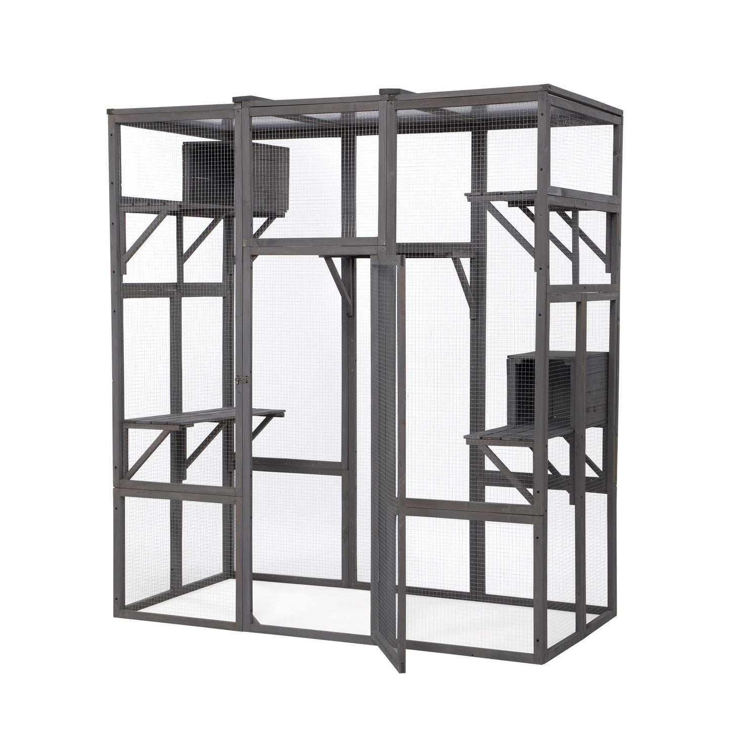 OELUBBY Large Cat Enclosure Wooden Cage Catio Pet Outdoor Playhouse Run House with Hiding Boxes and Solar Top, Pet Kennel Playpen with Jumping Activity Platforms 63'' x 33'' x 70'', Gray - WoodArtSupply