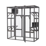 OELUBBY Large Cat Enclosure Wooden Cage Catio Pet Outdoor Playhouse Run House with Hiding Boxes and Solar Top, Pet Kennel Playpen with Jumping Activity Platforms 63'' x 33'' x 70'', Gray OELUBBY
