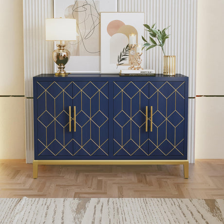 HLR 48" Accent Cabinet with 4 Doors and Shelves, Modern Credenza Storage Cabinet with Gold Trim, Sideboard Buffet for Living Room, Kitchen, Dining Room, Hallway, Blue HLR