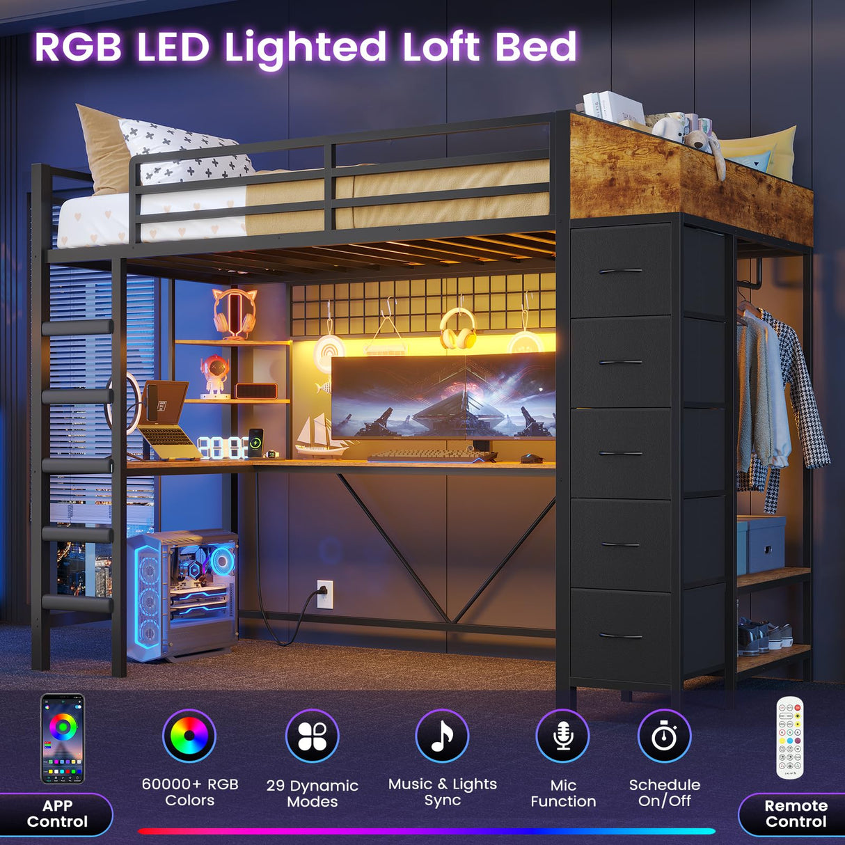 VIAGDO Loft Bed Twin Size with Hall Tree, Charging Station and LED Lights, Metal Loft Bed with L-Shaped Desk, 5 Storage Drawers, Heavy Duty Twin Size Bed with Stairs, No Box Spring Needed, Black VIAGDO