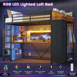 VIAGDO Loft Bed Twin Size with Hall Tree, Charging Station and LED Lights, Metal Loft Bed with L-Shaped Desk, 5 Storage Drawers, Heavy Duty Twin Size Bed with Stairs, No Box Spring Needed, Black VIAGDO