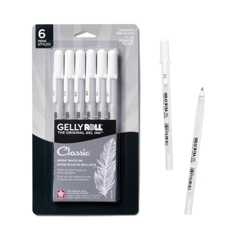 SAKURA Gelly Roll Gel Pens - Fine, Medium & Bold Tip Ink Pens for Journaling, Art, or Drawing - For Art Gifts, Holiday Gifts & DIY Projects - Classic White Ink - 05/08/10 Assorted Tip Sizes - 6 Pack SAKURA