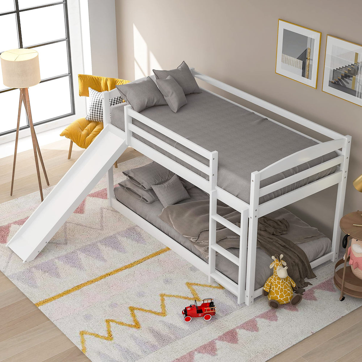 Harper&Bright Designs Twin Bunk Beds with Slide for Kids, Low Profile Bunk Beds with Built-in Ladder, No Box Spring Needed Harper & Bright Designs