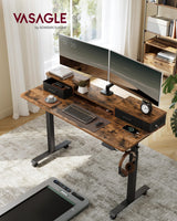 VASAGLE Electric Standing Desk with Drawers, Sit Stand Desk with Built-in Power Strip, Adjustable Height, 23.6 x 55.1 Inches, 2 Hooks, Memory Function, for Home Office, Rustic Brown ULSD184X21 VASAGLE