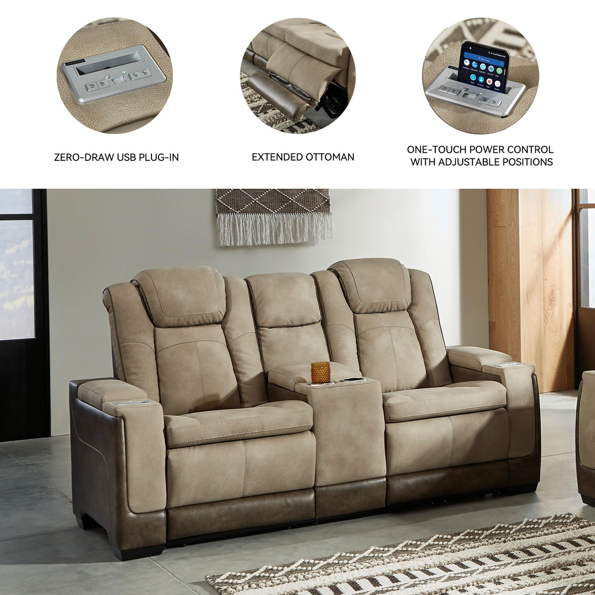 Signature Design by Ashley Next-Gen DuraPella Power Reclining Loveseat with Console & Adjustable Headrest, Sand Signature Design by Ashley