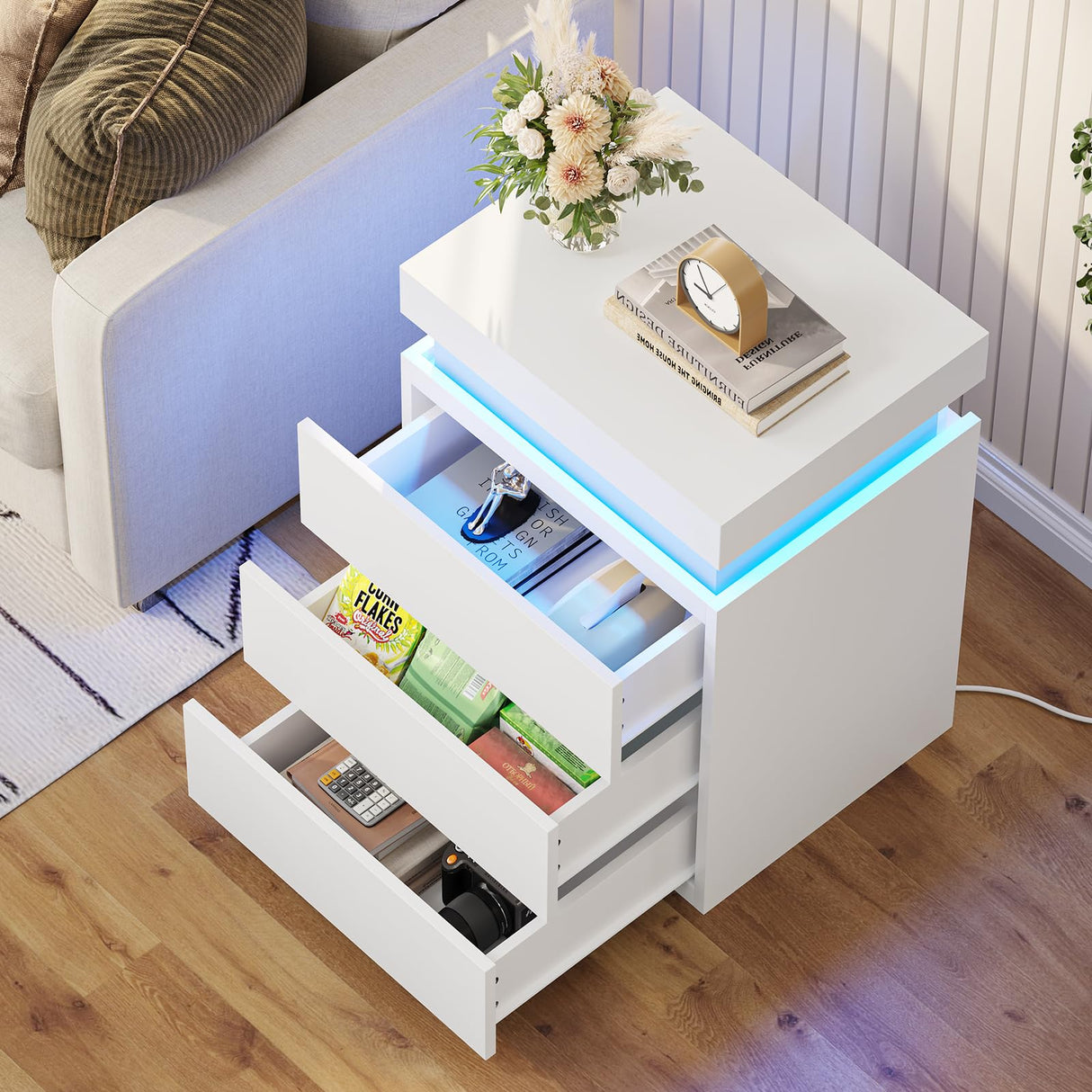 BTHFST Nightstand with Charging Station and LED Lights, Led Nightstand with Sliding Top,Night Stand with Drawers, Modern End Table Side Table with USB Ports and Outlets,White BTHFST