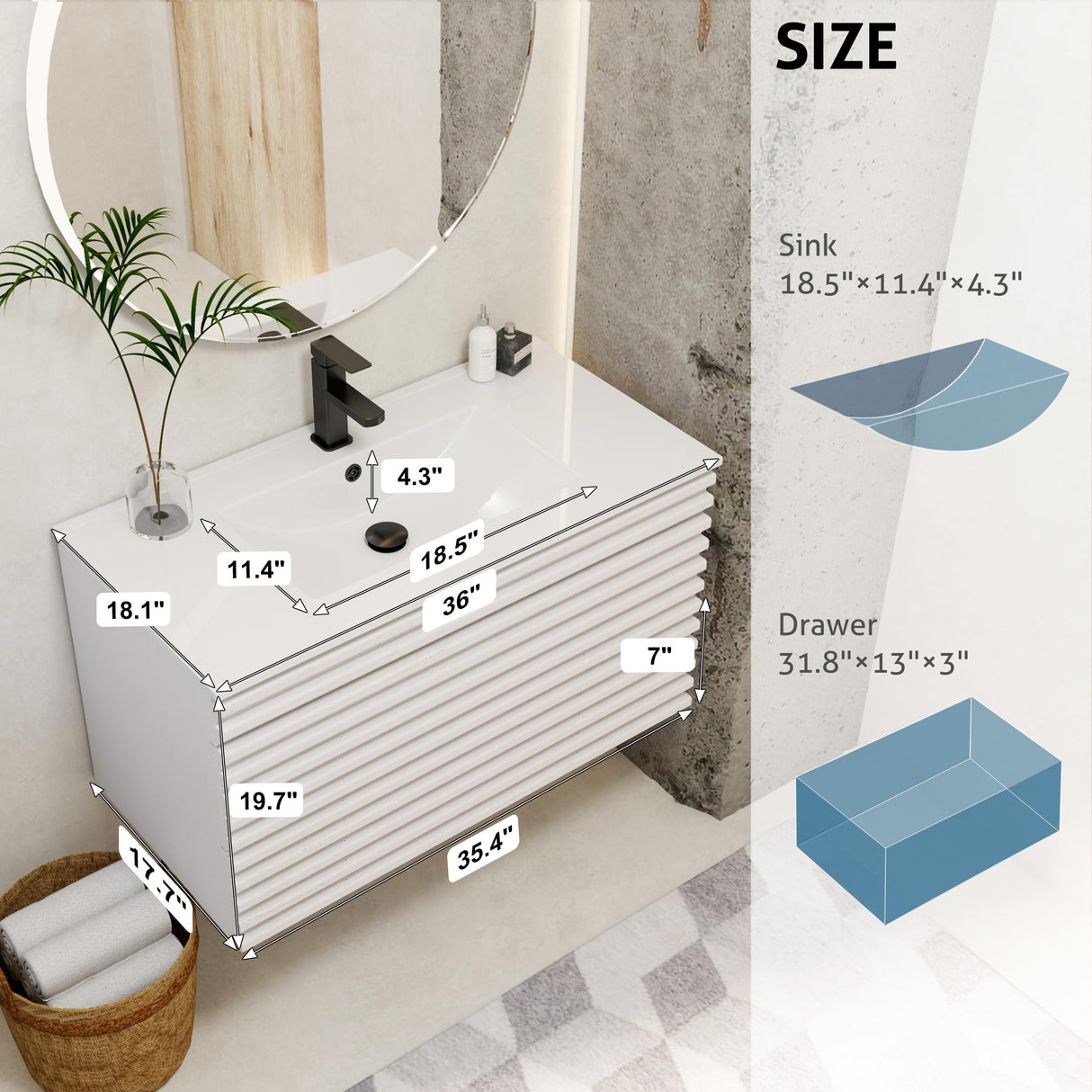 eclife 36" Floating Bathroom Vanity with Sink Combo Mid-Century Wall Mounted Cabinet with Wood Stripes Decor, Drawers, Undermount Sink, Faucet, Drain, Mixed White eclife