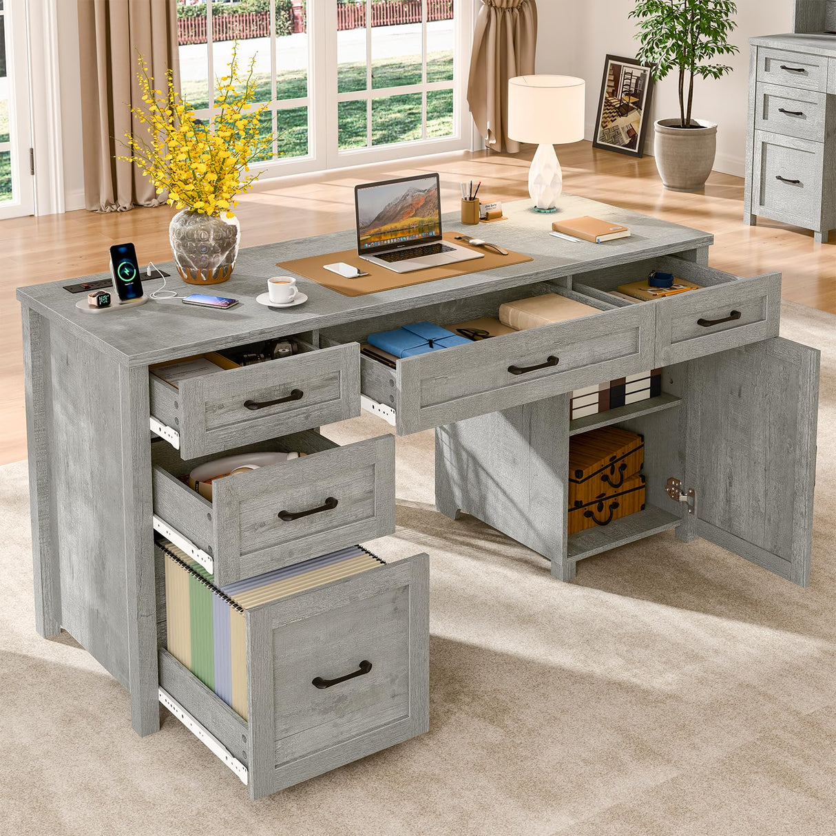 Farmhouse 61'' Executive Desk with 5 Drawers, Rustic Office Desk Computer Desk with Charging Station, File Drawers and Storage Cabinet, Wood Workstation for Home Office and Study, Gray Halitaa