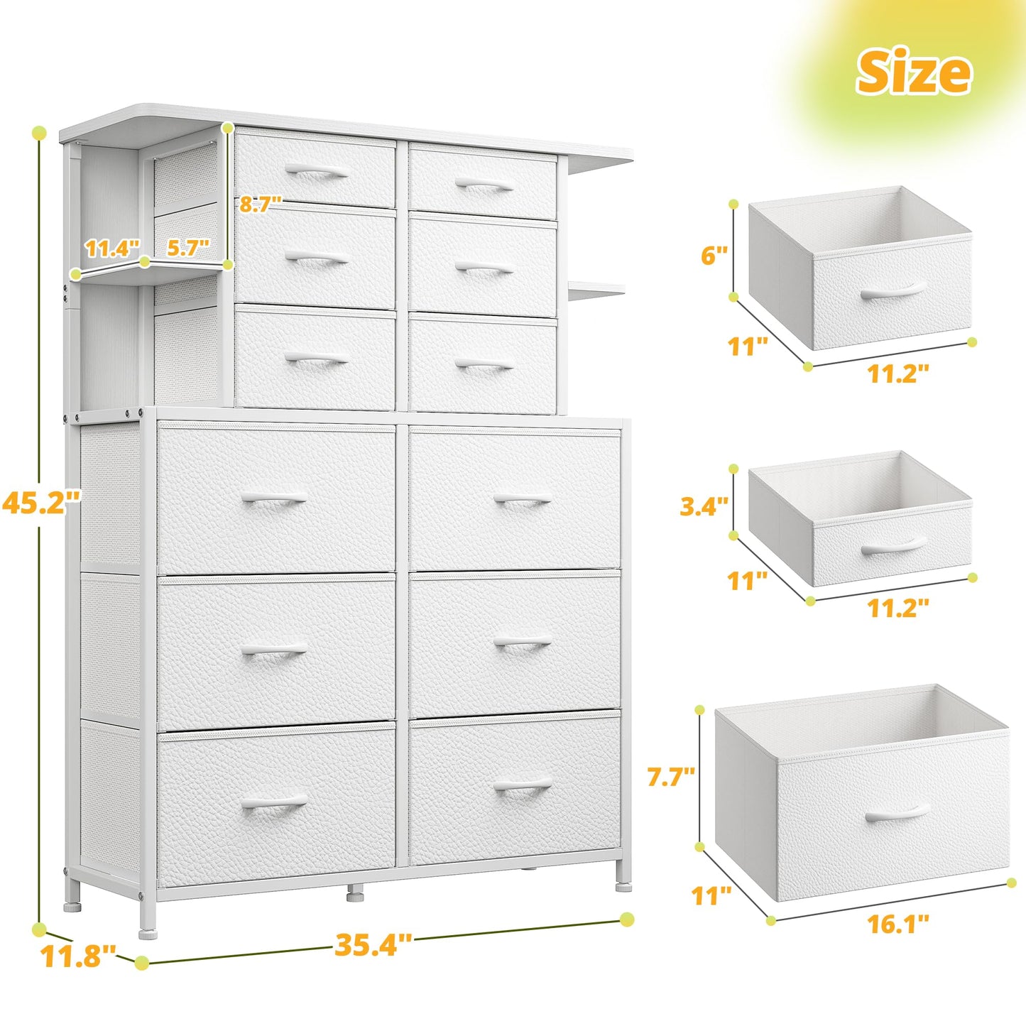 EnHomee Dresser for Bedroom with LED Lights, 12 Drawers Bedroom Dresser, Black Dresser and Tall Dresser with Open Shelves, Fabric Dressers & Chests of Drawers with Sturdy Metal Frame, White