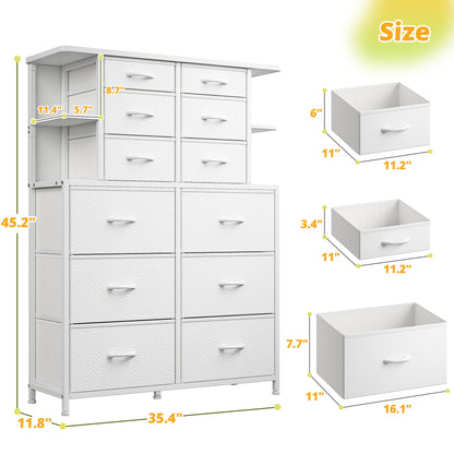 EnHomee Dresser for Bedroom with LED Lights, 12 Drawers Bedroom Dresser, Black Dresser and Tall Dresser with Open Shelves, Fabric Dressers & Chests of Drawers with Sturdy Metal Frame, White