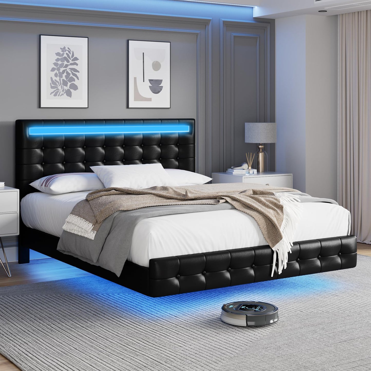 Keyluv Black Floating Bed Frame with LED Lights and Adjustable Upholstered Headboard - WoodArtSupply