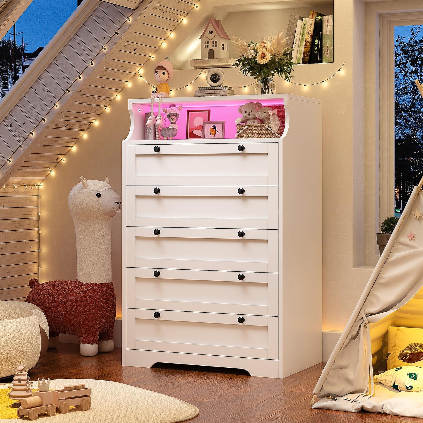 EnHomee Dresser for Bedroom, White Dresser with LED, Tall Dresser with 5 Wood Drawers, White Dresser for Bedroom, Bedroom Dressers & Chests of Drawers, Dressers for Bedroom with Metal Handles