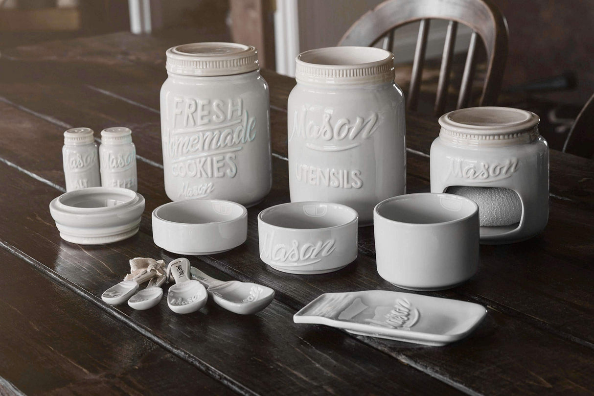 Farmhouse Canisters Sets for the Kitchen - Mason Jar Ceramic Kitchen Utensil Holder, Spoon Rest, Cute Cookie Jar, Salt & Pepper Shaker Sets, Sponge Holder, Measuring Cups & Spoons (White,17-Pc Bundle) Goodscious