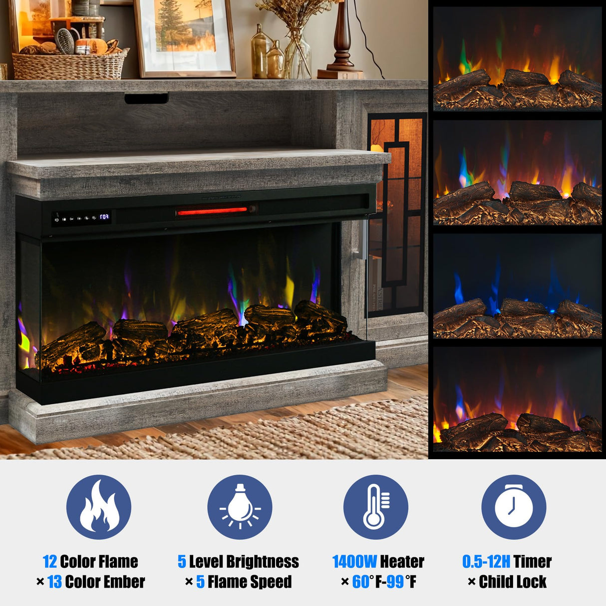 Unineo 75 Inch Electric Fireplace TV Stand, 3- Side Glass LED Modern Media Entertainment Center Console Table for TVs up to 80/85 Inch w/Adjustable Flame, 40’’ Fireplace, Highboy, Gray Wash Unineo