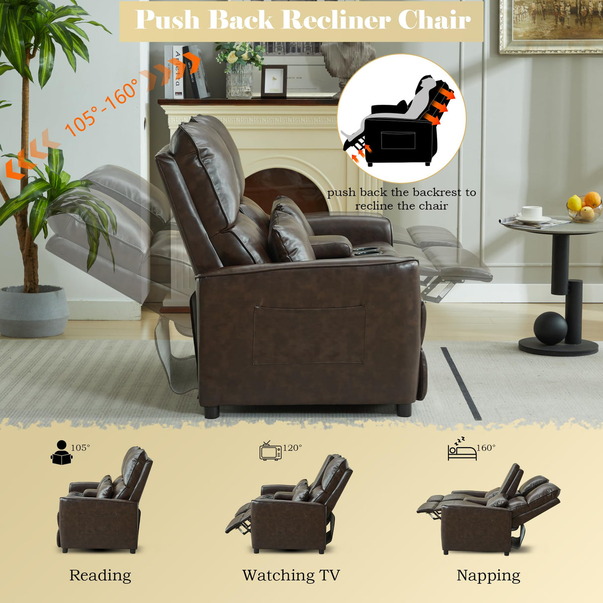 DRMBOOK 63'' RV Loveseat Recliner Sofa, Faux Leather Double Camper Couch 2 Seater Recliner with Console, Home Movie Theater Seating Chair, 2 Person Push Back Recliners for Living Room, Red & Brown DRMBOOK