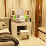 White Vanity Desk with LED Mirror,Makeup Vanity with Charging Station & RGB Lights,5 Drawers 4 Shelves Makeup Desk Vanity Table Stool Set with Glass Table Top & Time Display Lights, White Halitaa