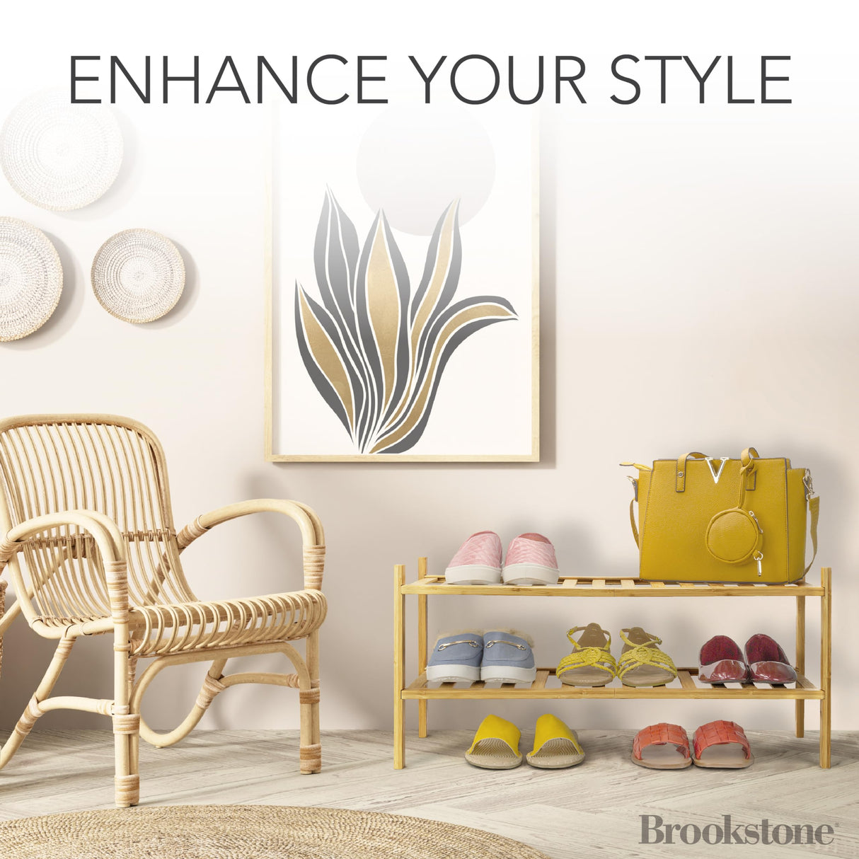 Brookstone, 2 Tier Bamboo Shoe Rack, Minimalistic Boho Wooden Shoe Organizer, Efficiently Fits 6 Pairs, Sustainable & Eco-Friendly for Small Spaces Brookstone