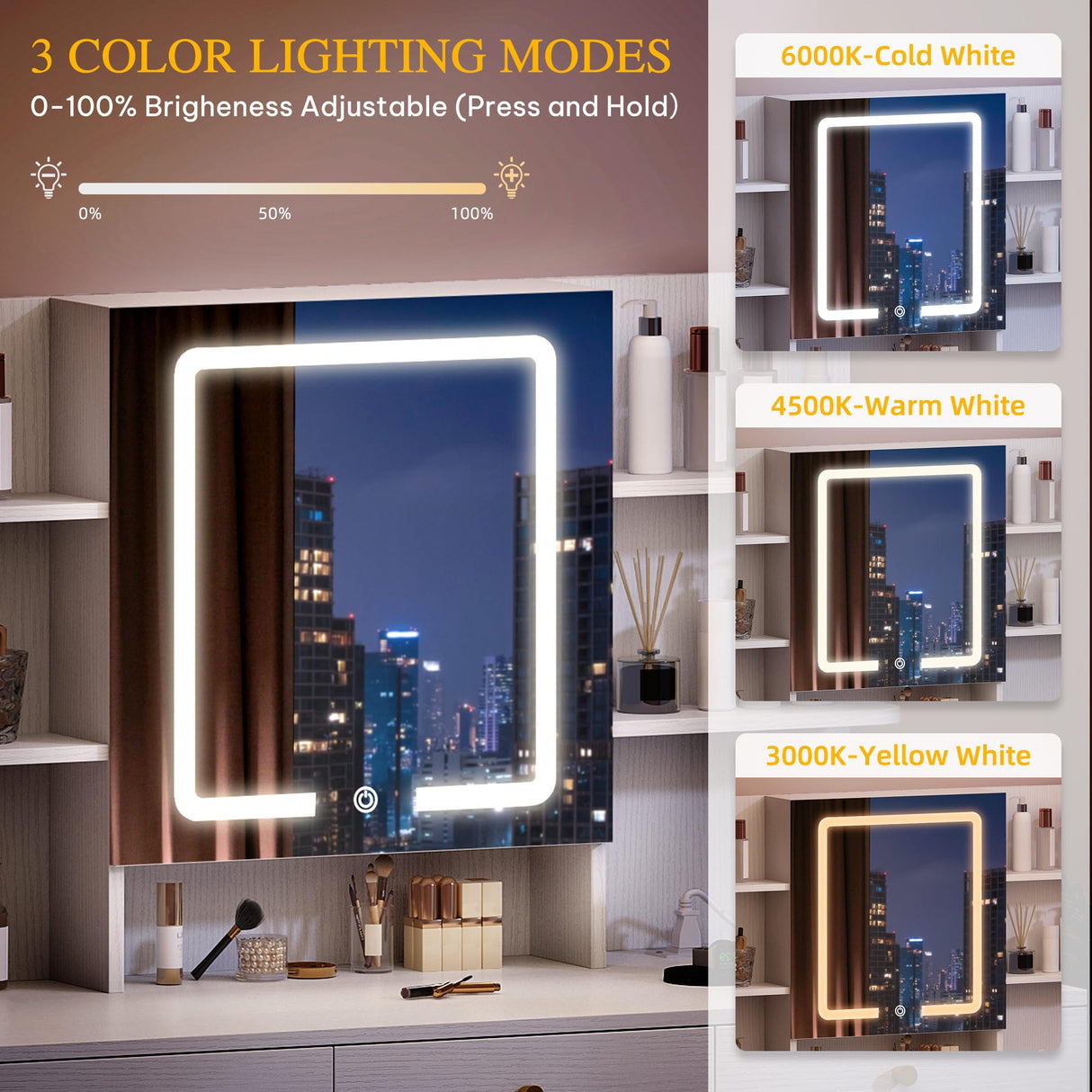 YITAHOME Vanity Desk with LED Lights Mirror & Power Outlets, Makeup Table Set with 3 Adjustable Lighting Modes, Open Shelves and Hidden Storage, Stool, Hooks and Hair Dryer Holder for Bedroom, White YITAHOME