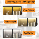 Mhsatyrs Display Cabinet with Glass Doors: 79" Black Tall Bookcase with Cabinet with 2 Doors and 3 Color Lights，Curio Bookshelf with Glass Door and 3 Drawers(Black) Mhsatyrs