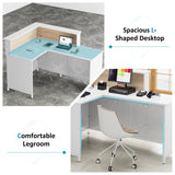 Condemo L-Shaped Reception Desk with LED Lights, 60 inch Modern Front Desk, Checkout Counter Table for Office, Lobby, Cafe, Beauty Salon, White and Light Brown Condemo