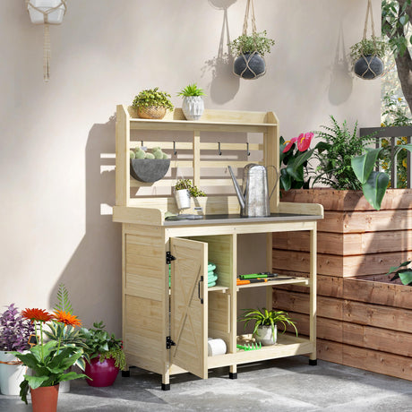 Outsunny Outdoor Wooden Potting Bench Table, Garden Workstation with Storage Cabinet, Storage Shelves for Backyard, Patio, Balcony, Natural Outsunny