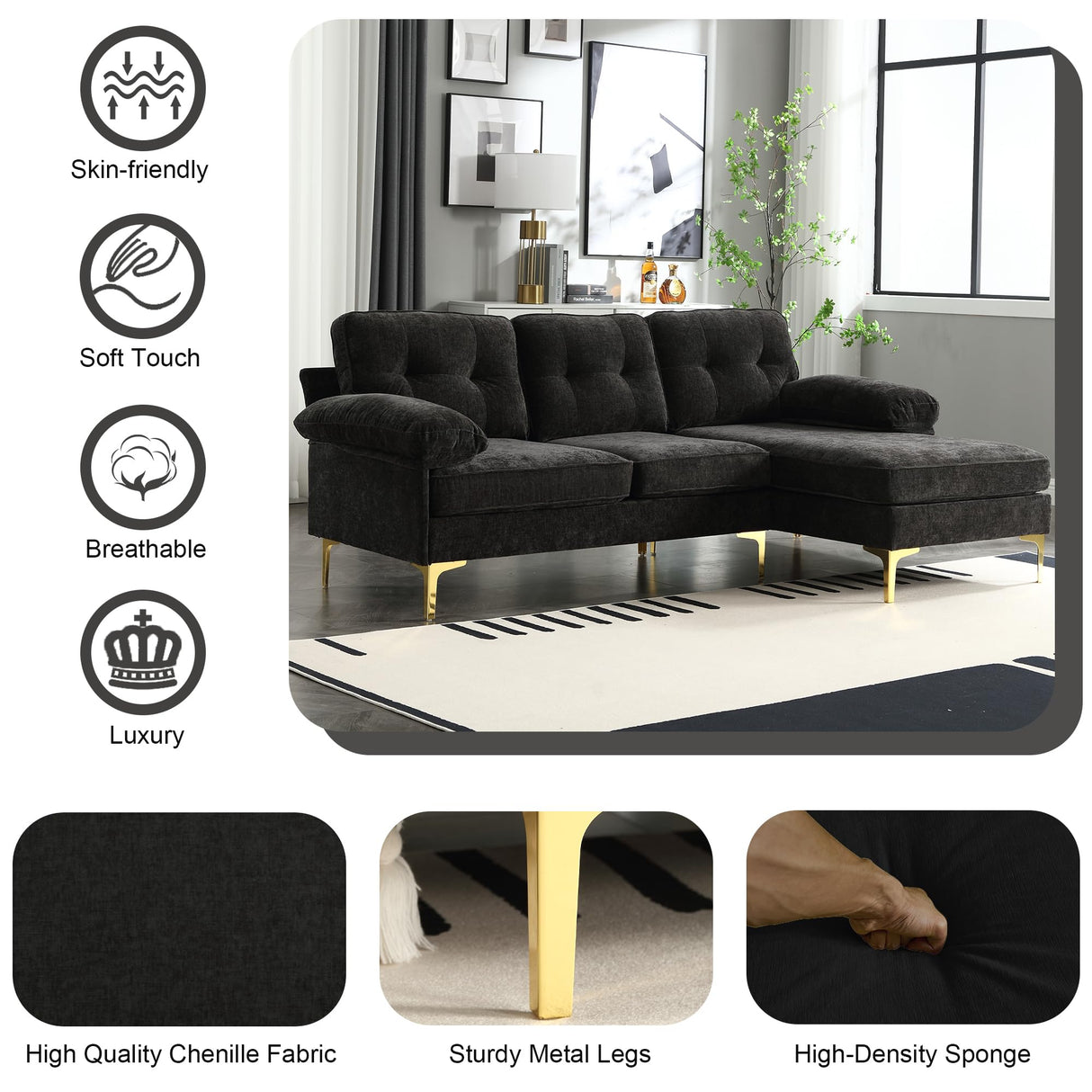 CALABASH 83" L Shaped Sectional Sofa, Chenille 3-Seater Sofa with Reversible Chaise, Modern Soft Cushion Fluffy Armrest Convertible Couch for Living Room Apartment Small Spaces (Black) CALABASH