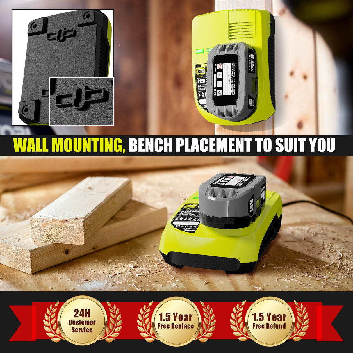 【with 2 USB Port】 Charger Replacement for Ryobi 18V Charger P117 Compatible with Ryobi 12V-18V One+ Lithium NiCad NiMh Battery P102 P108 P189 P197 P103 P105 P107 P190 P191 PBP002 PBP005 TenHutt