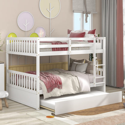 Ziraukon Full Over Full Bunk Bed with Trundle, Convertible to 2 Full Size Platform Beds, Pine Wood Full Size Bunk Bed with Ladder & Safety Rails, Sturdy & Stylish, White