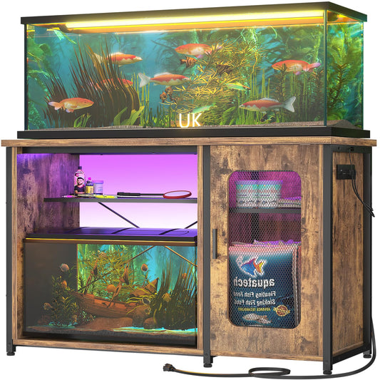 Unikito 55-75 Gallon Aquarium Stand with Power Outlets & LED Light, Reversible Fish Tank Stand with Cabinet for Fish Tank Accessories Storage, Heavy Duty Metal Frame, 880LBS Capacity, Rustic  - WoodArtSupply