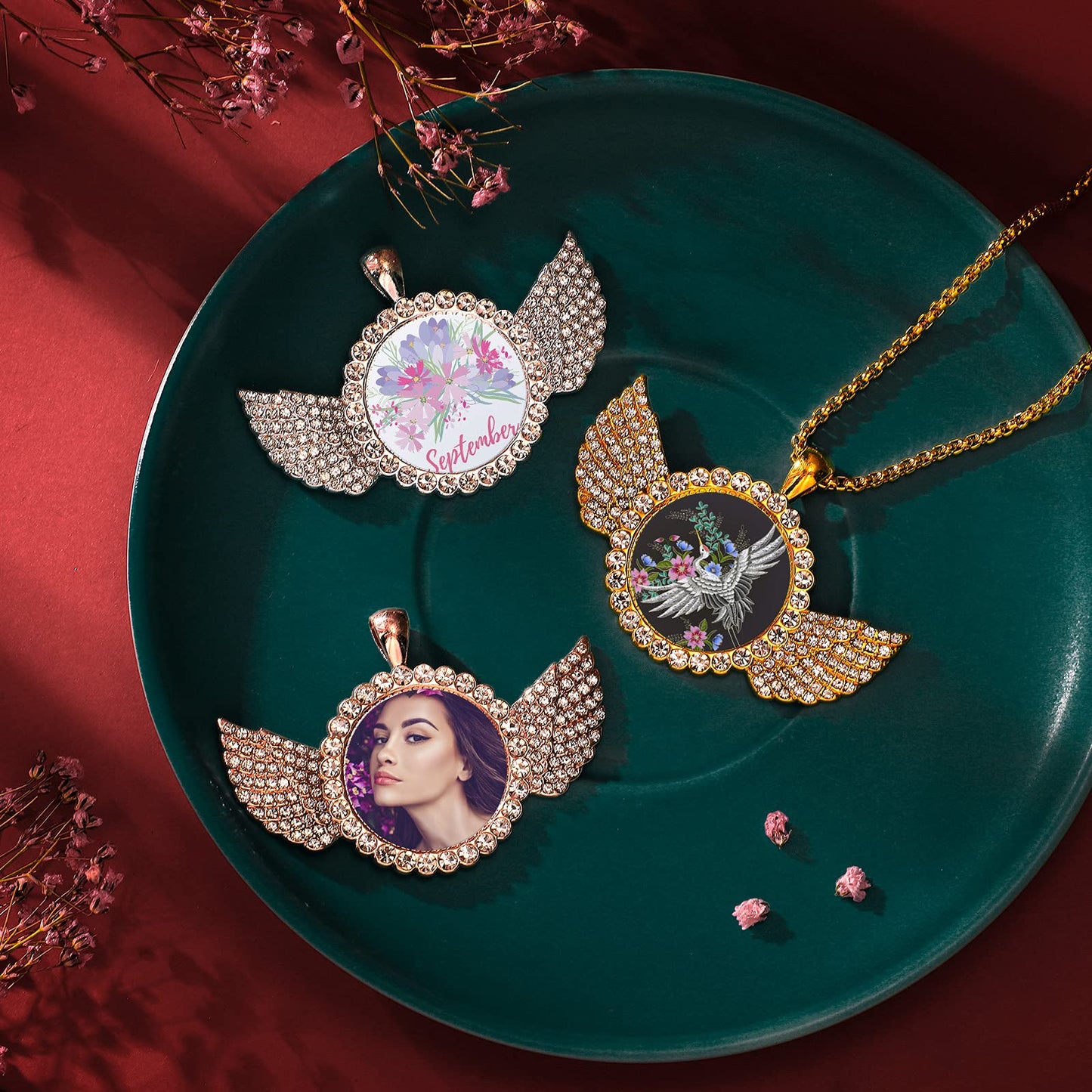 9 Pieces Sublimation Blank Necklace with Chain Set Blank Necklace Rhinestone Wing Shape Bezel Pendant Tray, 25 mm Sublimation Sheet, Double Sided Tape for DIY (Round Shape Style)