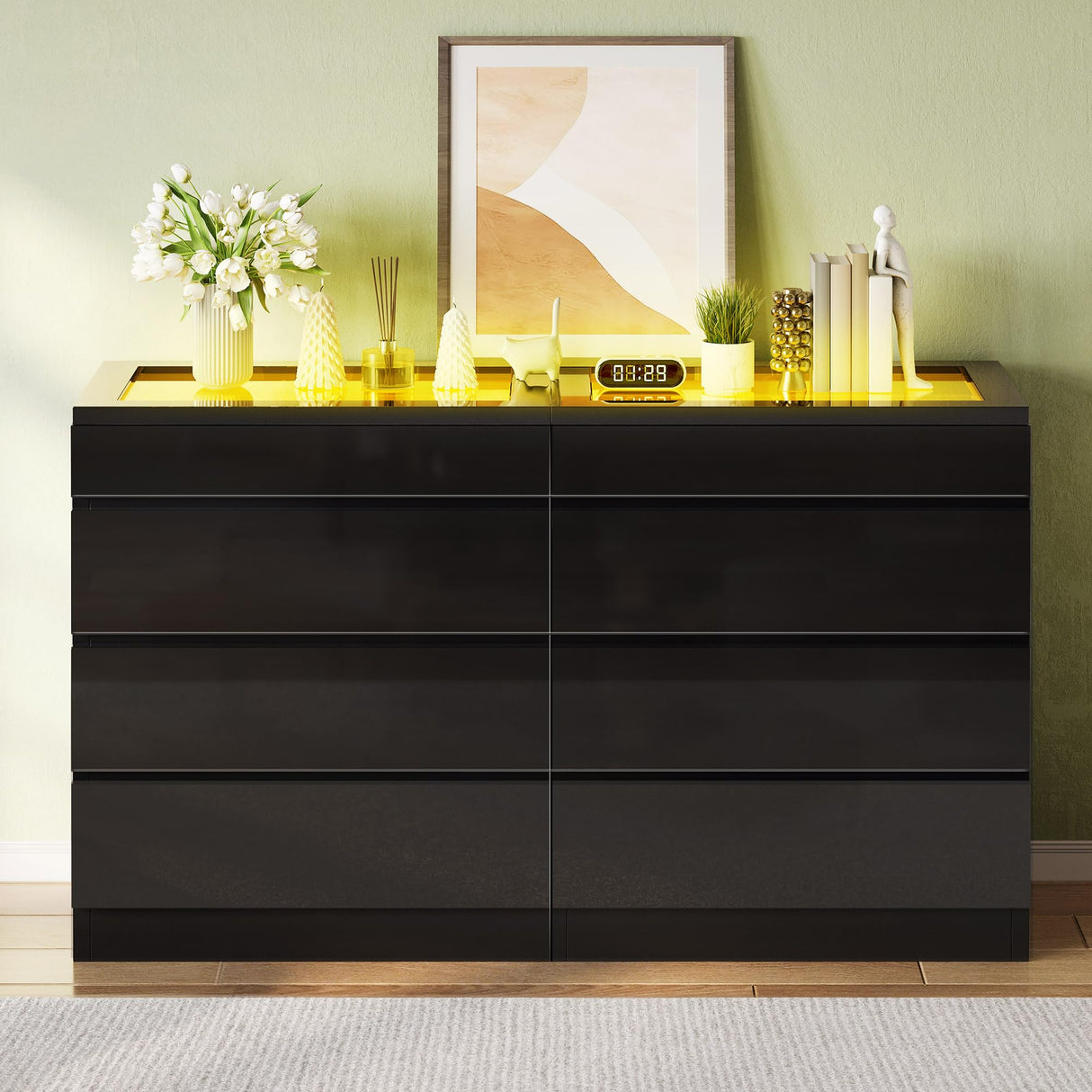 DWVO 8 Drawer Dresser with LED, Black Dresser, Modern 8 Chest of Drawers with Deep Drawers Glass Top High Gloss Surface, Storage Organizer Cabinet for Living Room DWVO