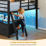 ADORNEVE Low Loft Bed Twin Size with 7 Storage Drawers, Bookcase and LED Lights, Metal Kids Loft Bed with 14" H Safety Guardrail,Inclined Ladder and Play Curtain, Under-Bed Play Space, Black ADORNEVE