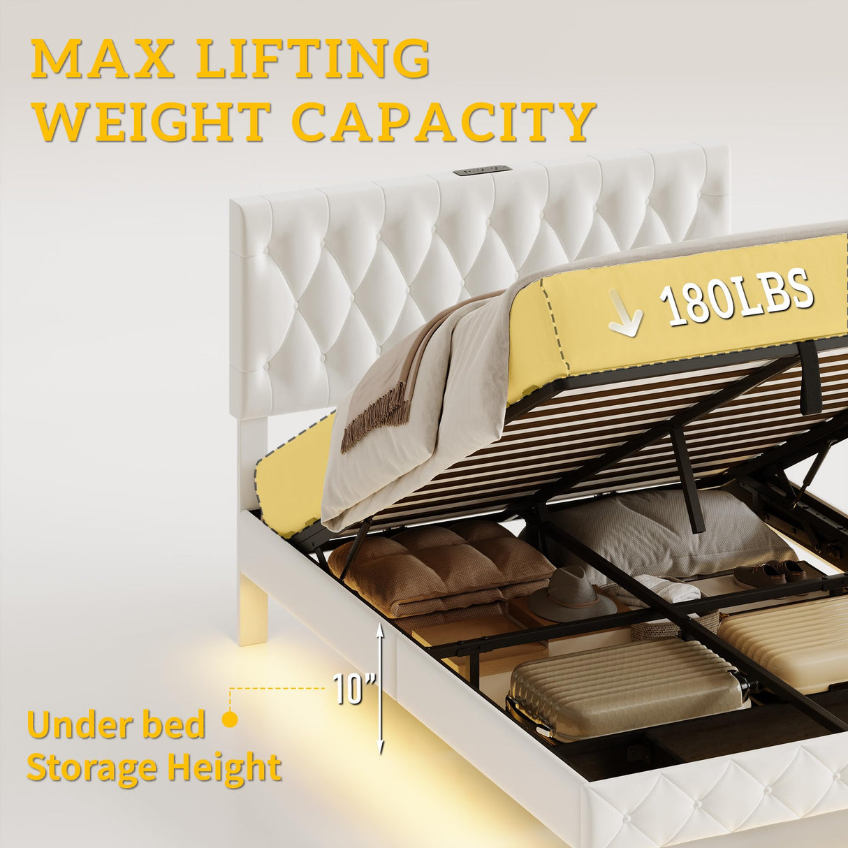 Lift Up Storage Bed Frame Queen Size Floating Bed Frame with Adjustable Headboard/LED Lights/Charging Station/Outlet,Velvet Upholstered Tufted Platform Bed Frame/Wooden Slat/No Box Spring Needed,White QPLZF