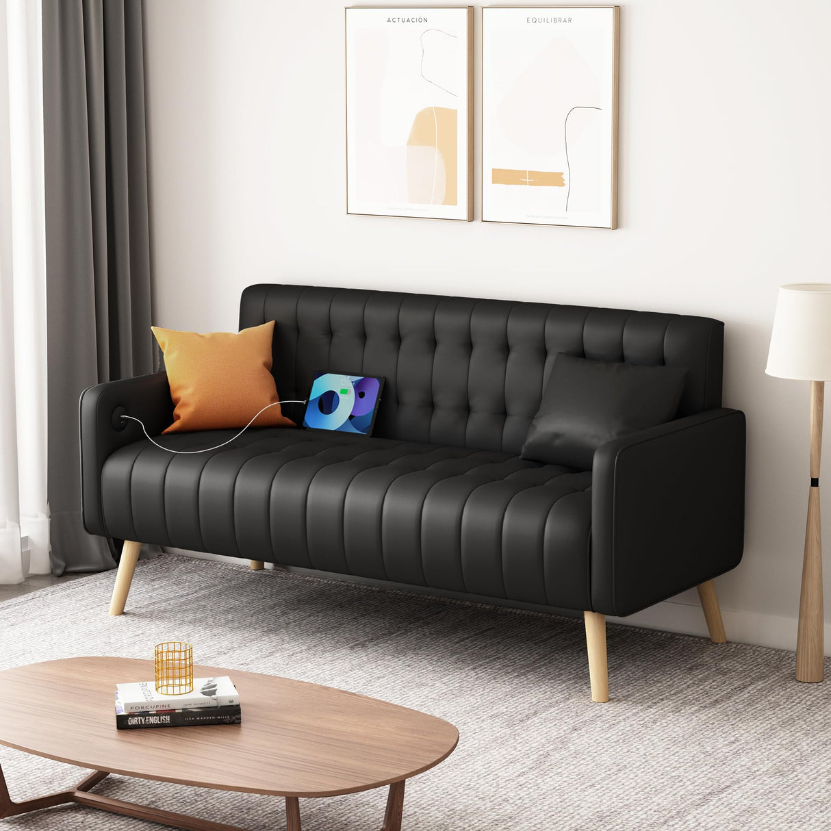 CHYMSUN 57” W Loveseat Sofa, Small Black Faux Leather Couch w/USB Charging Ports, Mid Century Modern Tufted Love Seat Couches, Mini Office Sofa Couch for Small Spaces, Bedroom, Living Room, Apartment CHYMSUN