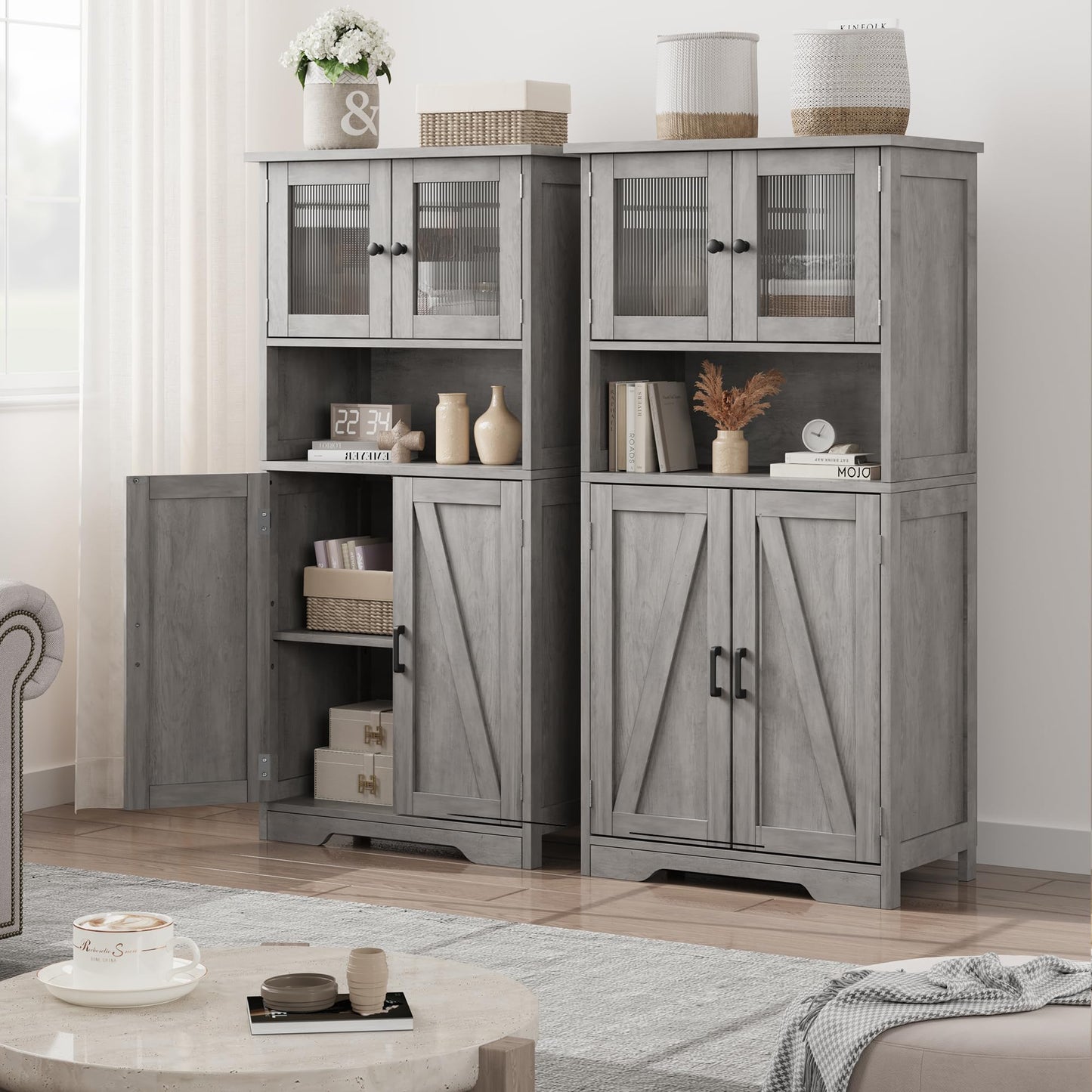 IDEALHOUSE 50.4" Grey Freestanding Kitchen Pantry Cabinet with Glass Doors and Adjustable Shelves - WoodArtSupply