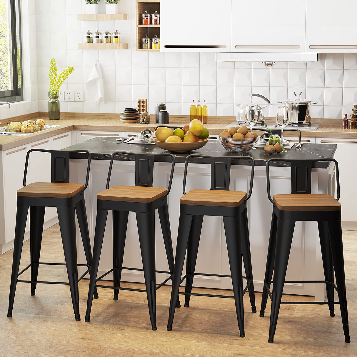 WENTMENT Metal Bar Stools Set of 4 Counter Height Bar Stools Barstools with Removable Back 26" Kitchen Bar Stools with Wooden Seat, Black WENTMENT
