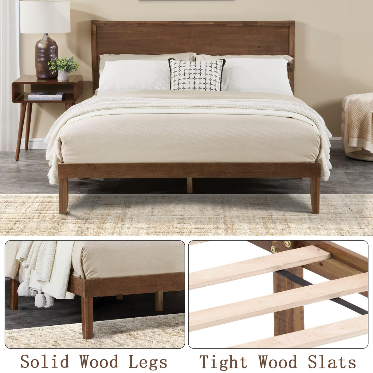 Krinana Wood Queen Size Bed Frame, Mid Century Modern Platform Bed with Headboard, Wooden Slat Support, No Box Spring Needed, Easy Assembly (Brown, Queen) Krinana