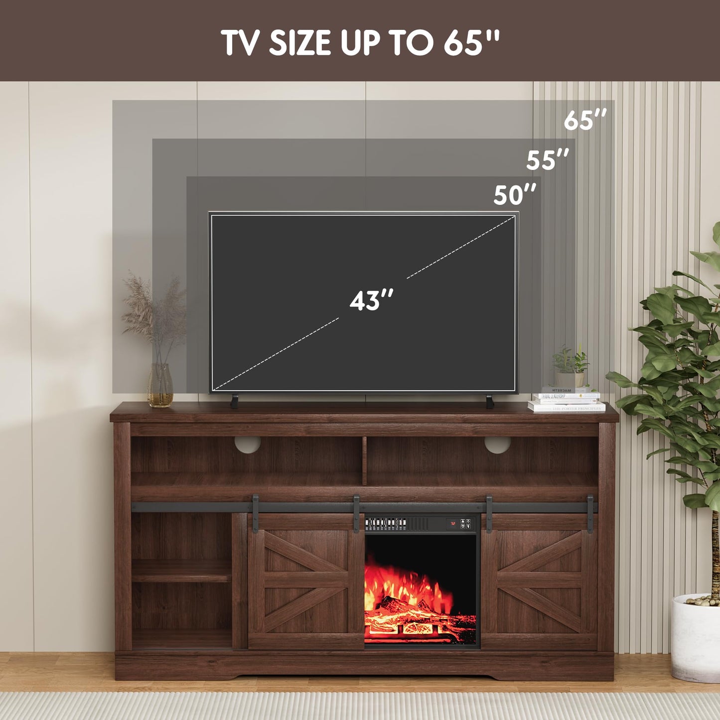 Furniwell Electric Fireplace TV Stand for TVs up to 65", Media Entertainment Center with 26” Fireplace, Farmhouse Console with Sliding Barn Door and Adjustable Storage Shelves for Living Room (Brown)