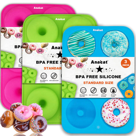 Anaeat 3 Pack Donut Pan Silicone Baking Mold, Just Pop Out! Non-Stick Doughnuts Baking Pans BPA Free for 6 Full-Size Donuts, Muffin, Cake Biscuit Bagels - Oven & Dishwasher Safe (Multicolor) Anaeat